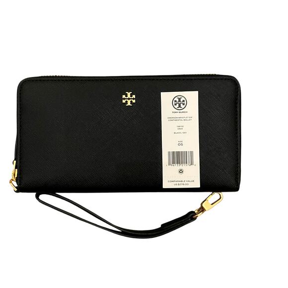 TORY BURCH Emerson Wristlet Zip Continental Wallet Saffiano Leather Black NEW - Picture 3 of 16